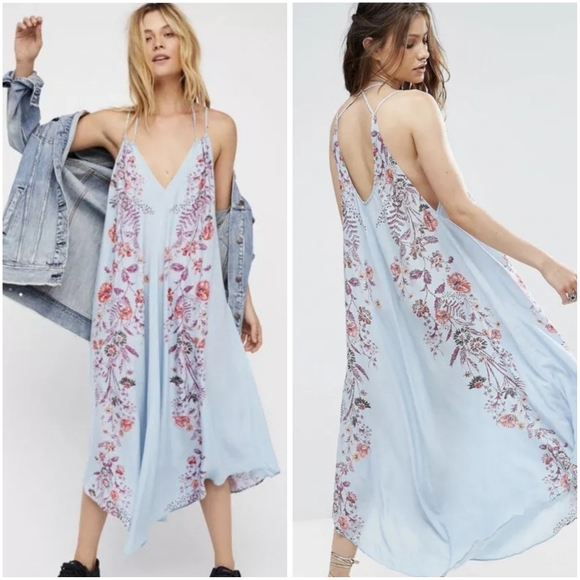 Free People Ashbury Blue Floral Print Midi Sun Slip Dress Medium Sundress - Picture 1 of 9